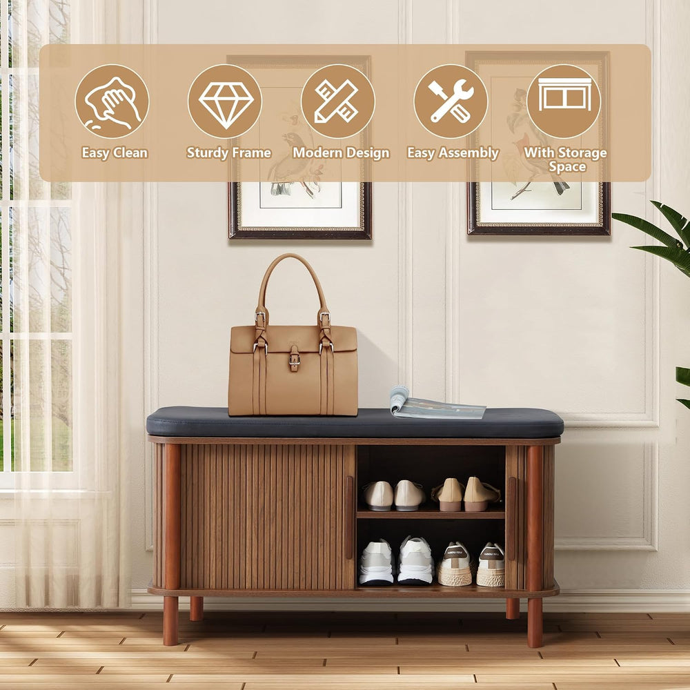 Shoe Bench, Entryway Shoe Cabinet with Leather Cushion and Sliding Door, Mode...