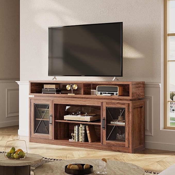 WLIVE Farmhouse TV Stand for TVs Up to 65 Inches, Tall Entertainment Center with Storage Cabinets & LED Lights, Media Console for Living Room, Bedroom, Home Theater, Rustic Brown
