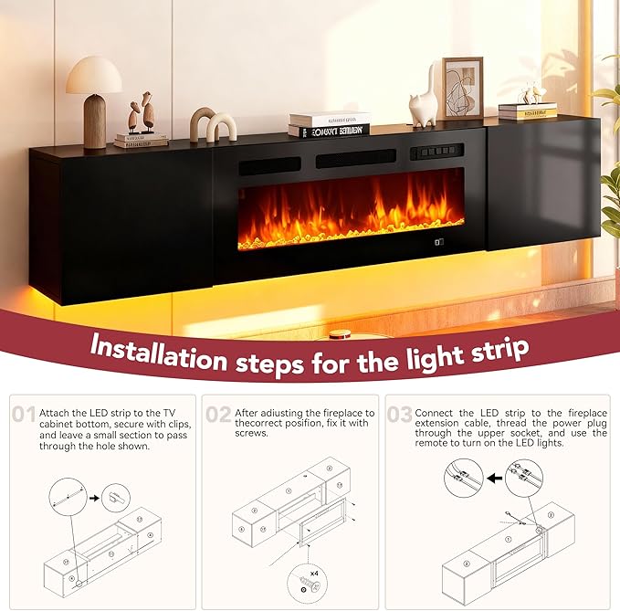 MXV 70'' Floating TV Stand, Modern Media Entertainment Center with 36" Electric Fireplace, TV Console Cabinet Wall Mounted, Adjustable 12-Color LED Lights, for Living Room, Black + Black