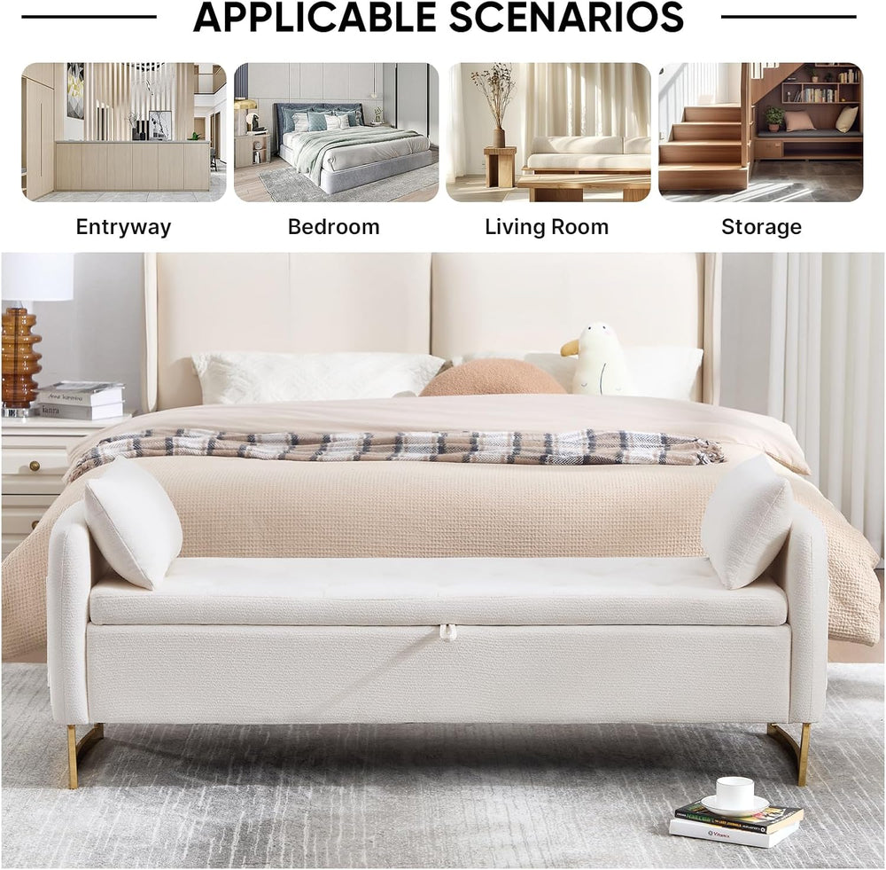 Storage Bench for Bedroom, 65 Inch End of Bed Storage Bench Cream | Chenille ...