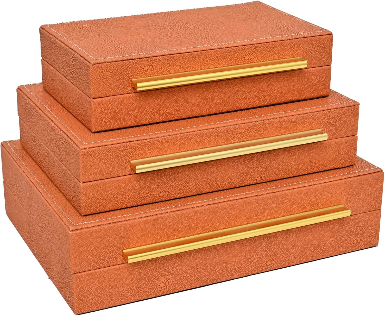 Faux Shagreen Leather Jewelry Storage Boxes Set of 3 with Gold Handles, Velvet Lined Stackable Organizer for Women, Vanity, Dresser, Gift, Burnt Orange