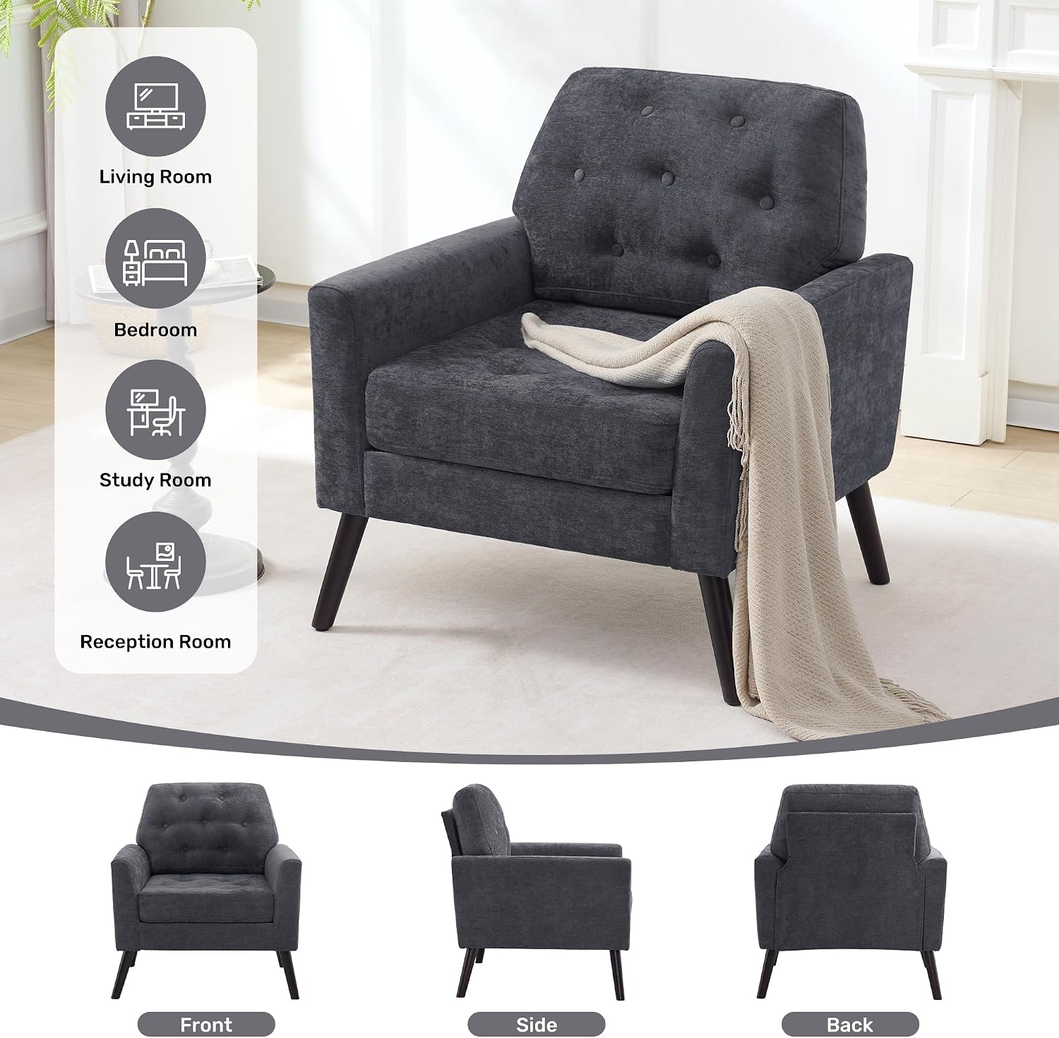Accent Chair for Living Room, Mid Century Modern Reading Chair, Upholstered Armchair with Tufted Back & Wood Legs, Single Sofa Side Chair for Bedroom Small Room Office Apartment, Dark Grey