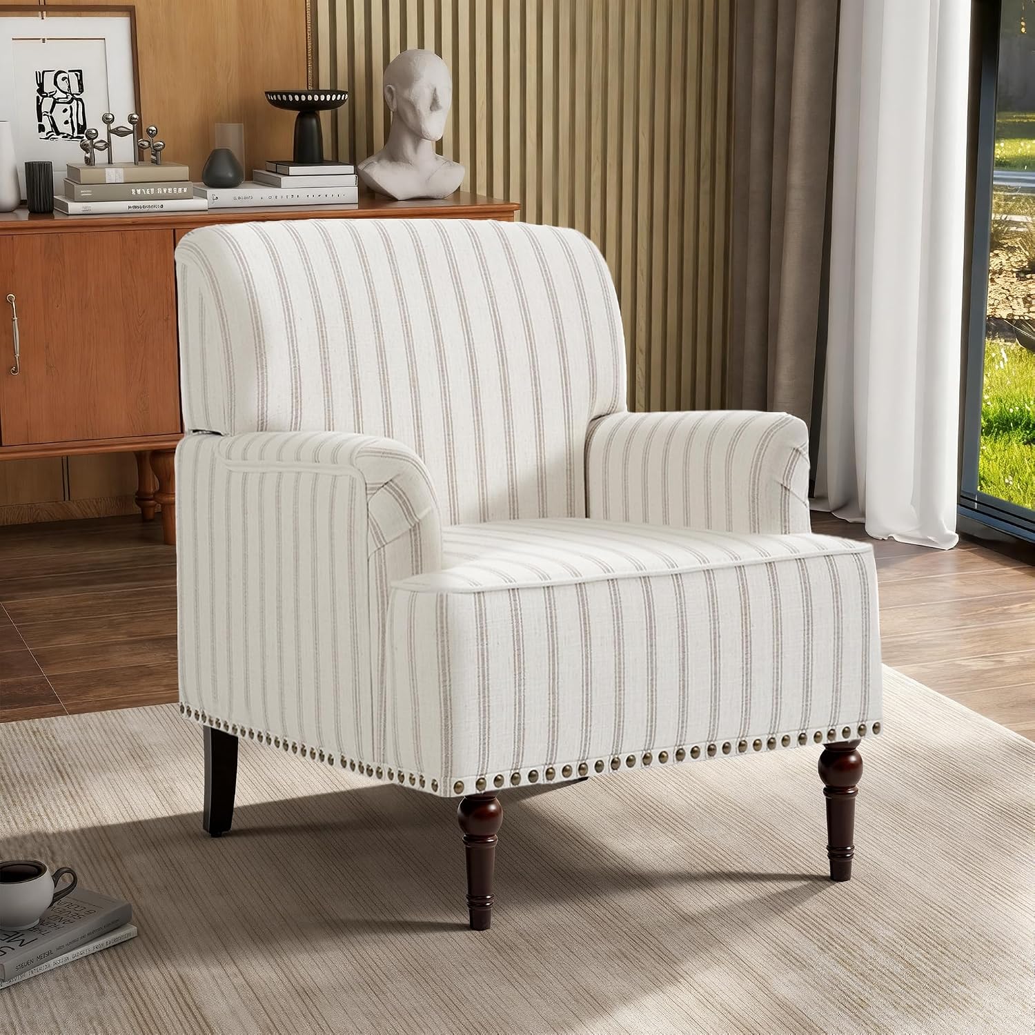 Stripe Accent Chairs Set of 2, Fabric Upholstered Armchair for Living Room, Nailhead Trim Club Arm Chair Comfy Single Sofa Bedroom Reading Seat with Wood Legs - Pinstripe Light Brown