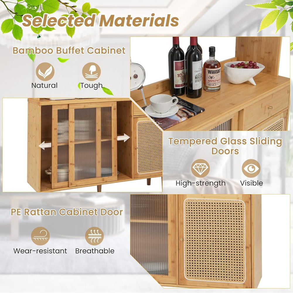 67" Tall Kitchen Pantry Storage Cabinet, Bamboo Hutch Cabinet with Micro...