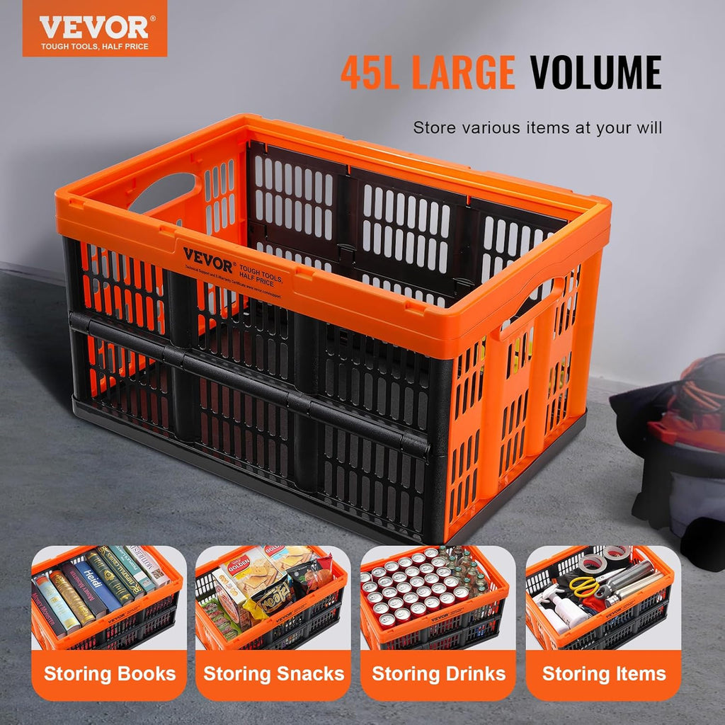VEVOR 45L Collapsible Milk Crates 3 Packs, Stackable Storage Baskets with Handles, Folding Storage Containers for Organizing Tools, Books, Food, Drinks, Camping & Transport