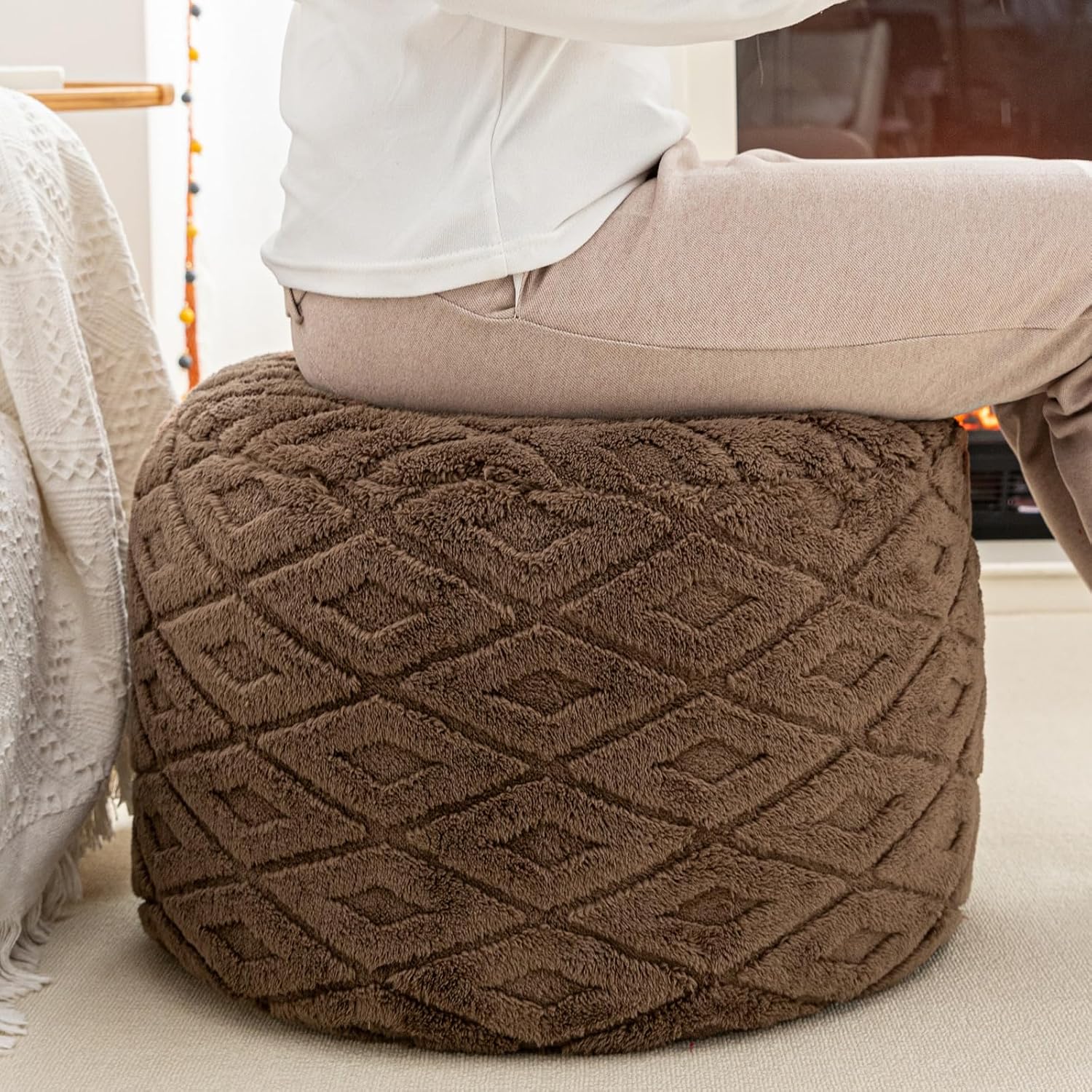 Round Pouf Ottoman Footstool 20x14In Ottoman Footrest for Couch Dark Coffee | All-One Foam Pouf, Ottoman Coffee Table,Couch Foot Rest,Chair Footrest,Remov. Cover, Perfect for Living Room, Bedroom & Dorm
