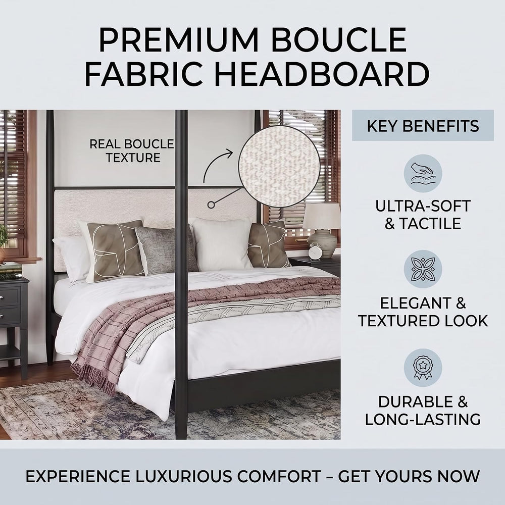 Merax Black Queen Size Canopy Bed Frame with Boucle Headboard and 4 Poster