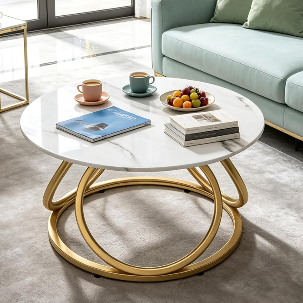 O&K FURNITURE Gold Round Coffee Table, Faux Marble Top with Veins, Modern...