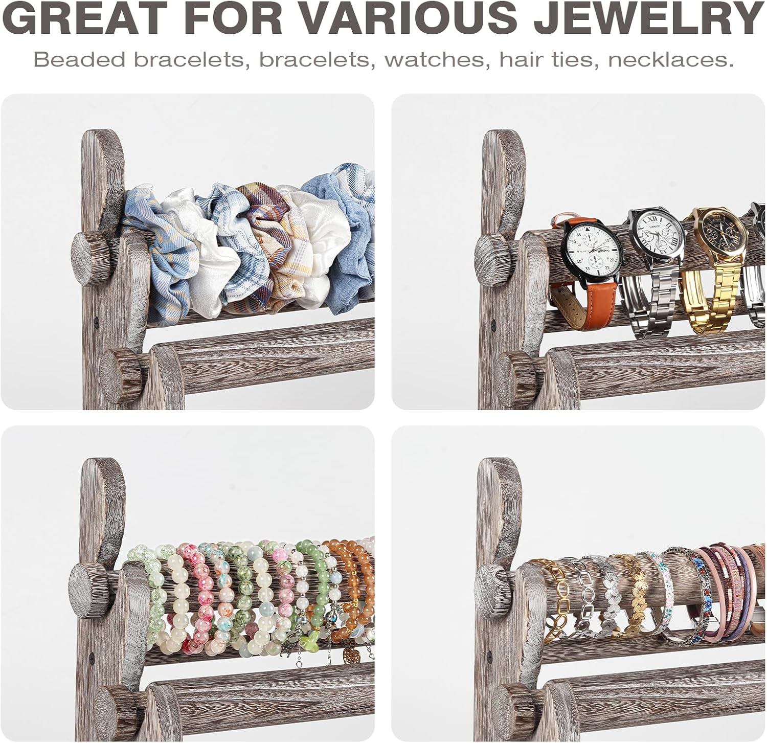 TOPNEW 5 Tier Wooden Bracelet Holder,Scrunchie Bangle Watch Necklace Display Storage Jewelry Holder Stand Display Organizer,Antique White
