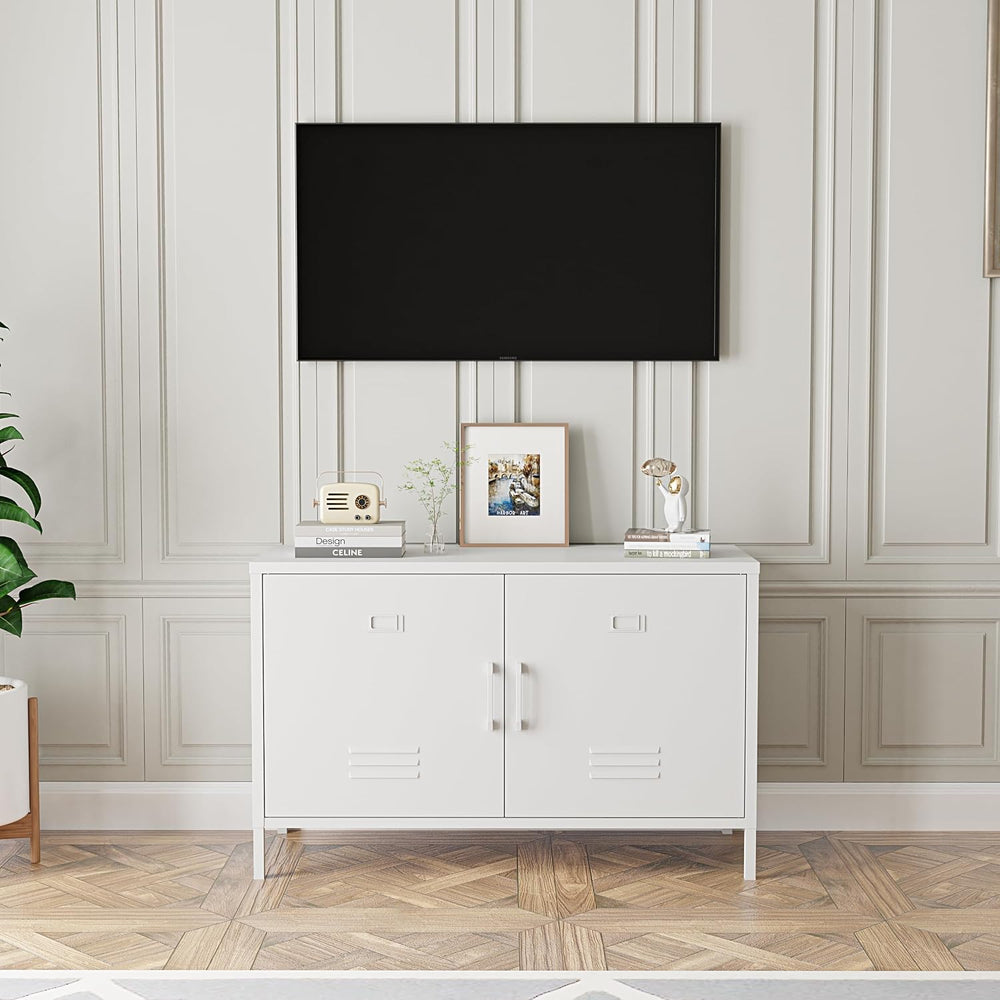 2 Door Steel Accent Cabinet,White Metal Storage Cabinet with Adjustable Shelf...