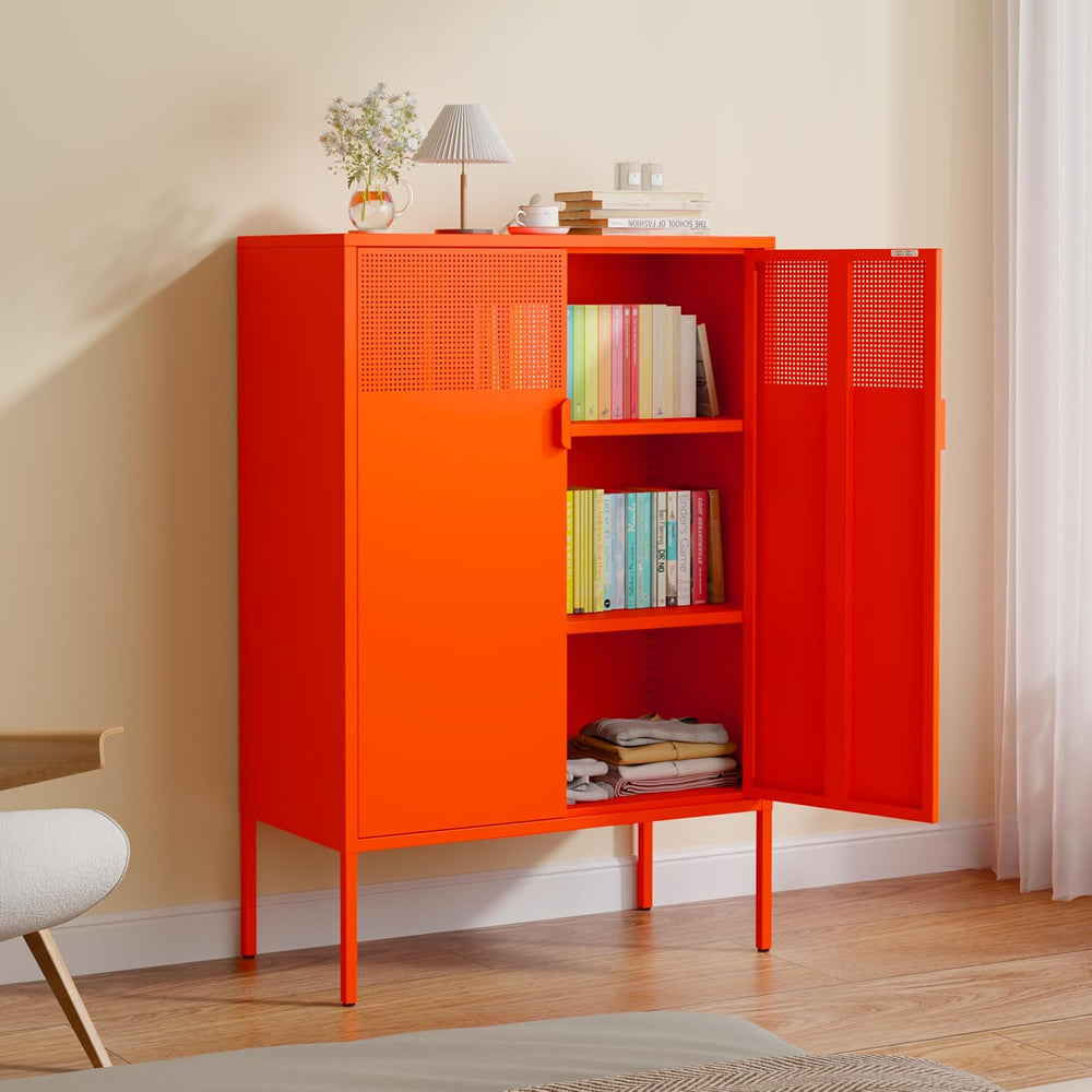 3-Tier Metal Storage Cabinet with 2 Adjustable Shelves & Mesh Doors