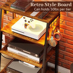 4-Tier AV Media Stand with Power Strips, Heavy Duty Stereo Cabinet Stand with LED Lights, Wooden Record Player Stand with 2 Hooks, Audio Stand Furniture Perfect for DVD Player/Game Console/TV Box/Xbox