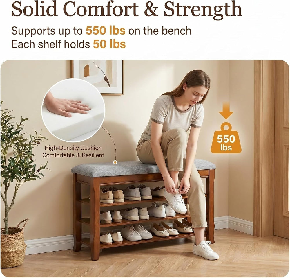 Solid Wood Shoe Bench with Storage, Flip-Top Soft-Close Lid, Adjustable Shelv...