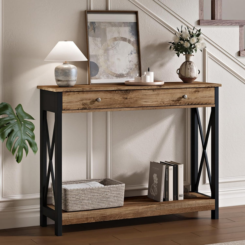 Treocho 40" Farmhouse Console Table with Drawer and Storage Shelves | En...