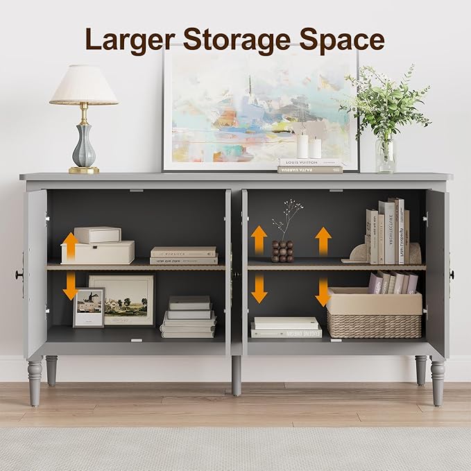 RoyalCraft 59'' Sideboard Buffet Cabinet with Storage, Modern Buffet Cabinet with Adjustable Shelves & Carved Handle, Mid Century Large Credenza Coffee Bar for Dining Room, Living Room (Dove Gray)