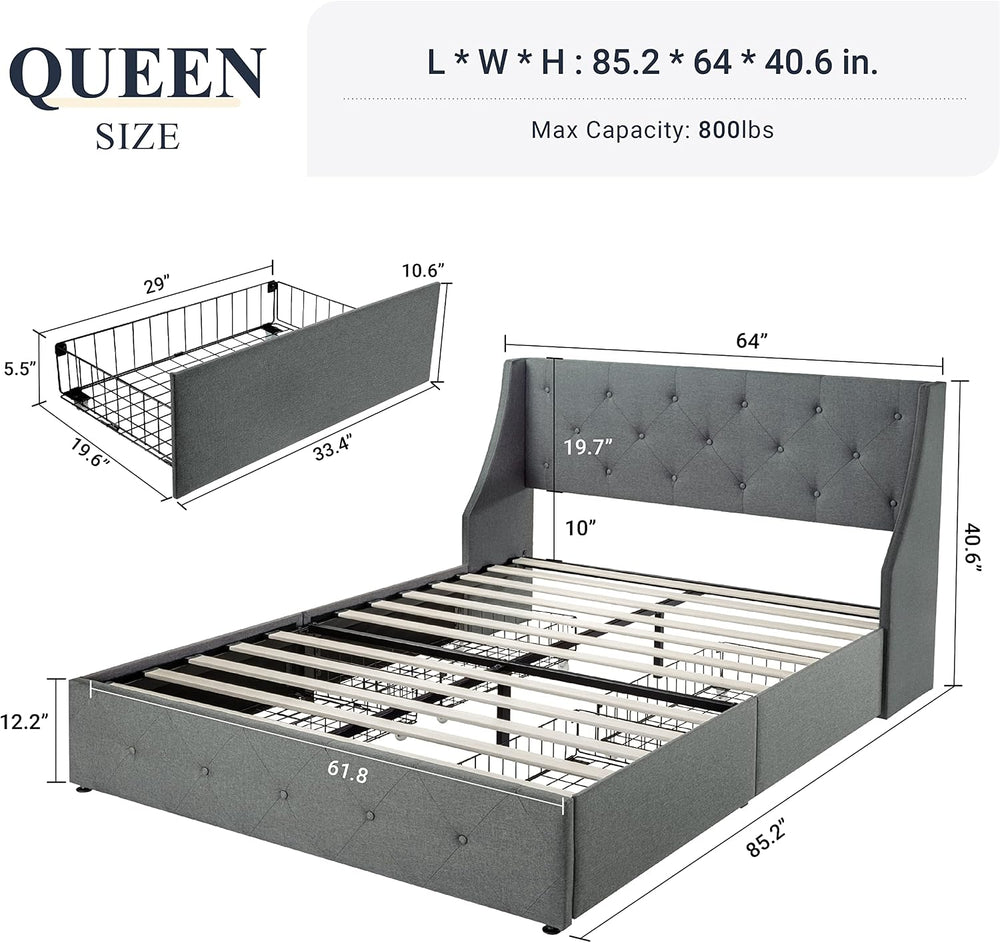 Allewie Queen Bed Frame with 4 Storage Drawers and Wingback Headboard, Button...
