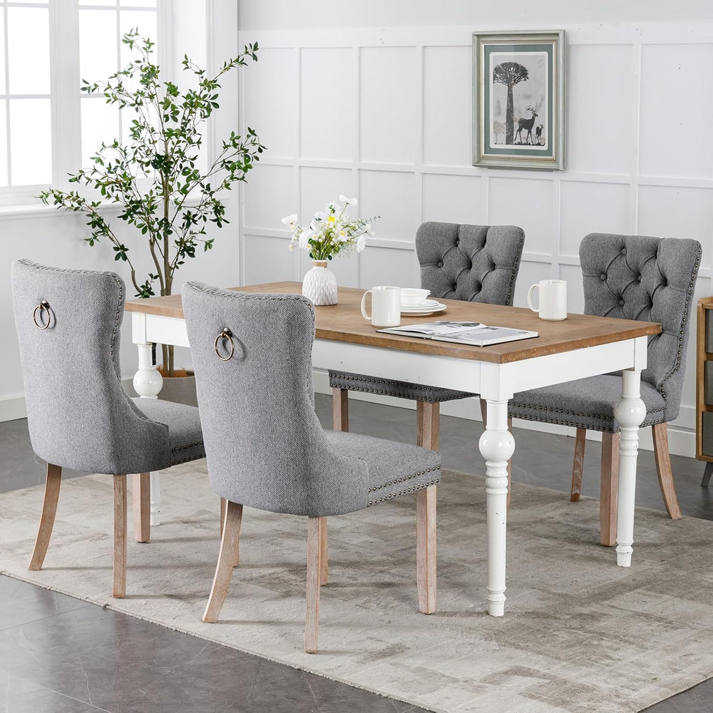 Grey Mid Century Modern Dining Chairs Set of 4, Linen Upholstered Kitchen &am...