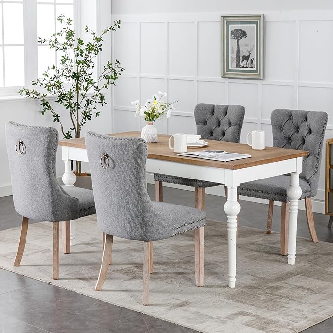 Modern Dining Chairs Set of 8, Tufted Upholstered Dining Chairs with Solid Wood Legs, Grey Linen Fabric Kitchen Chair, Sillas de Comedor, Comfy Kitchen Chair (Gray, Linen, 8Pcs)