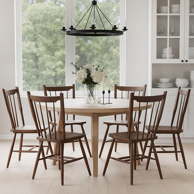 HNY Walnut Windsor Dining Chairs Set of 6, Farmhouse Wooden Kitchen Chairs with Spindle Back, Mid Century Modern Armless Kitchen Side Chair for Dining Living Room Restaurant