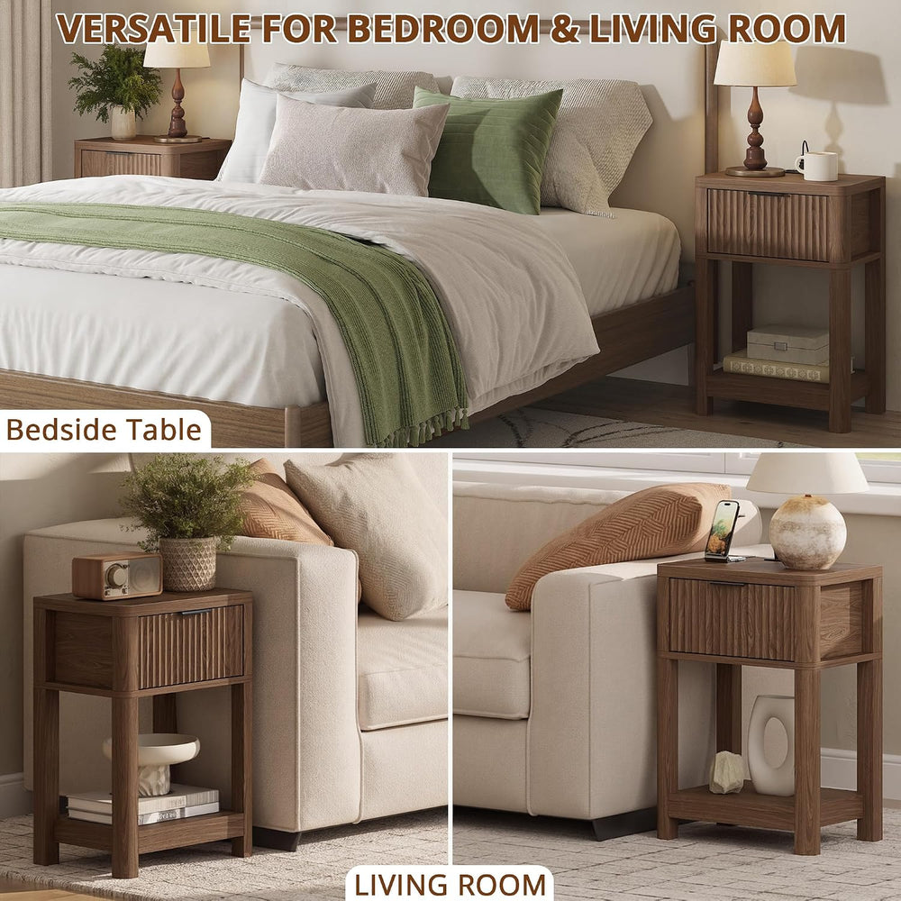 MECHYIN Nightstand Set of 2 with Charging Station, Fluted Bedside Table with ...