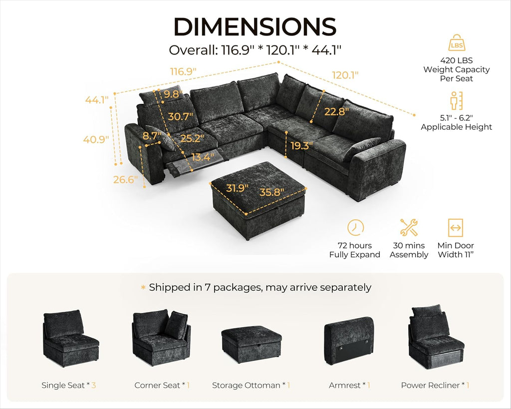 Oversized Modular Sectional Sofa with Power Recliner, Plush Cloud Couch with Headrest, Convertible Deep L-Shaped 6 Seater with Corner and Storage Ottoman, Chenille, Black