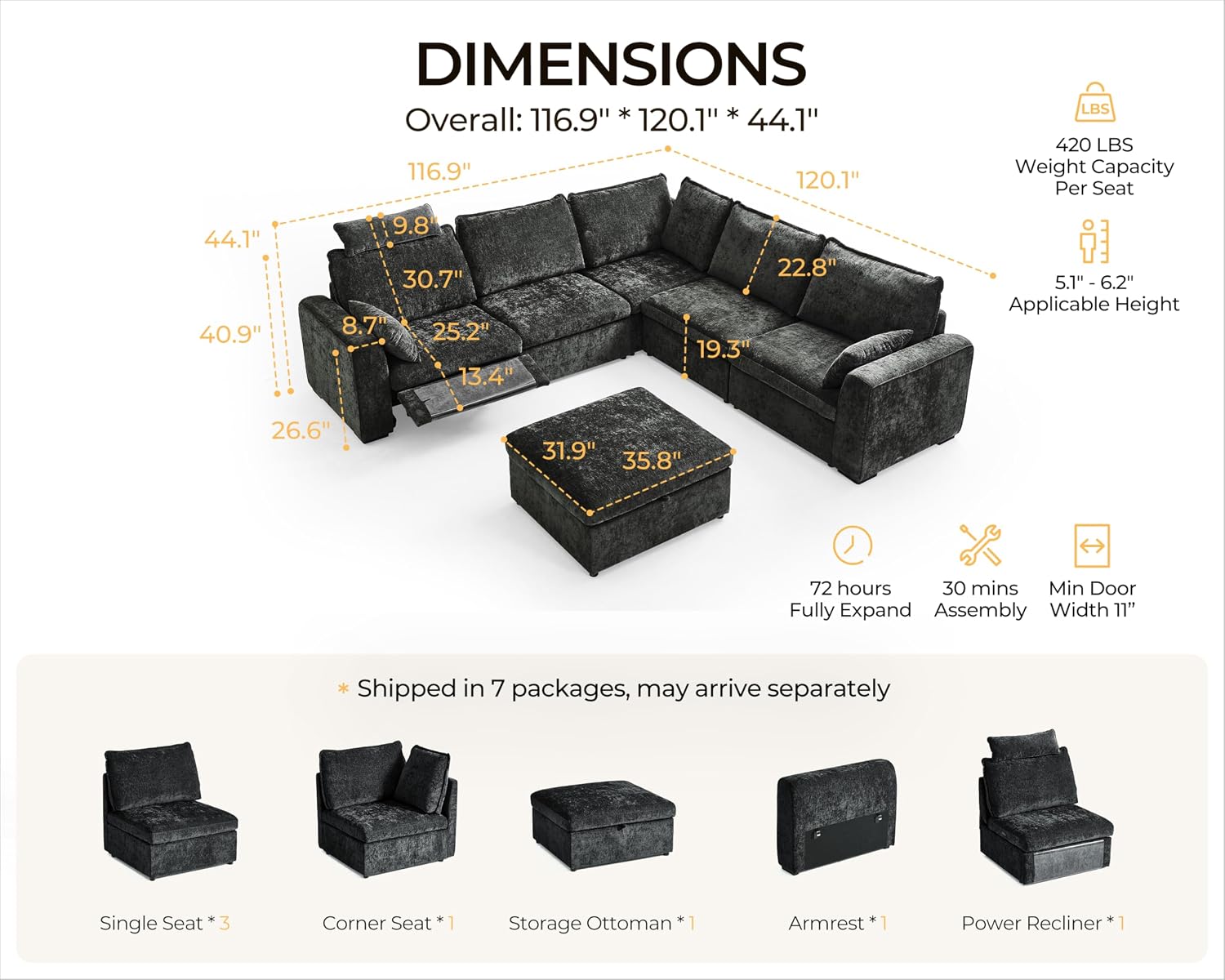 Oversized Modular Sectional Sofa with Power Recliner, Plush Cloud Couch with Headrest, Convertible Deep L-Shaped 6 Seater with Corner and Storage Ottoman, Chenille, Black