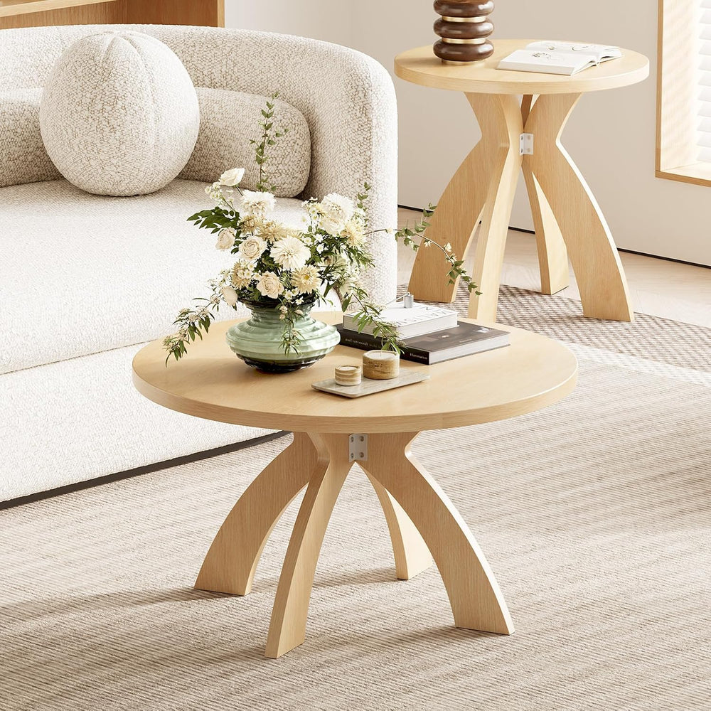 VINGLI 31.5" Round Coffee Table with Cross Legs, Wood Coffee Table, Oak ...
