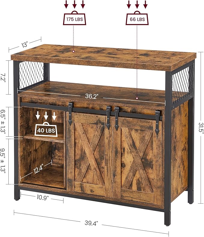 VASAGLE Buffet Cabinet, Coffee Bar Storage Cabinet, Sideboard with 2 Sliding Barn Doors, Adjustable Shelves, 13 x 39.4 x 31.5 Inches, for Living Room, Rustic Brown and Ink Black ULSC092B01