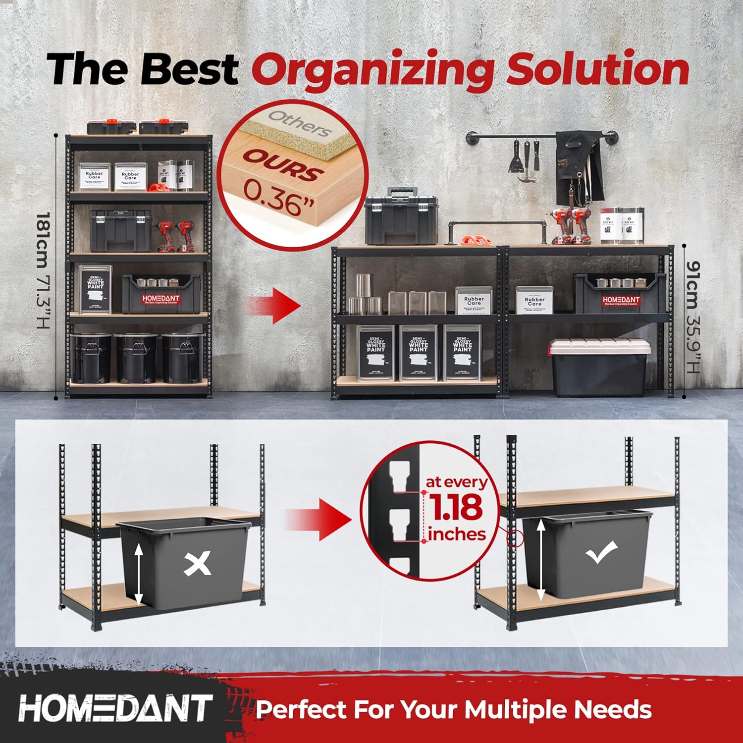 HOMEDANT 5-Tier Laminated Boltless Heavy Duty Metal Shelving Unit Adjustable Garage Storage Utility Rack Shelves Organization Multipurpose Shelf Warehouse Industrial (10, (L) 39.8" W, Black)