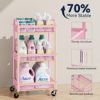 YASONIC 3 Tier Rolling Cart – Metal Utility Storage Cart with Wheels, Craft Cart Organizer with Hanging Cups, Hooks, Mesh Basket for Bedside Kitchen Office Art, Pink