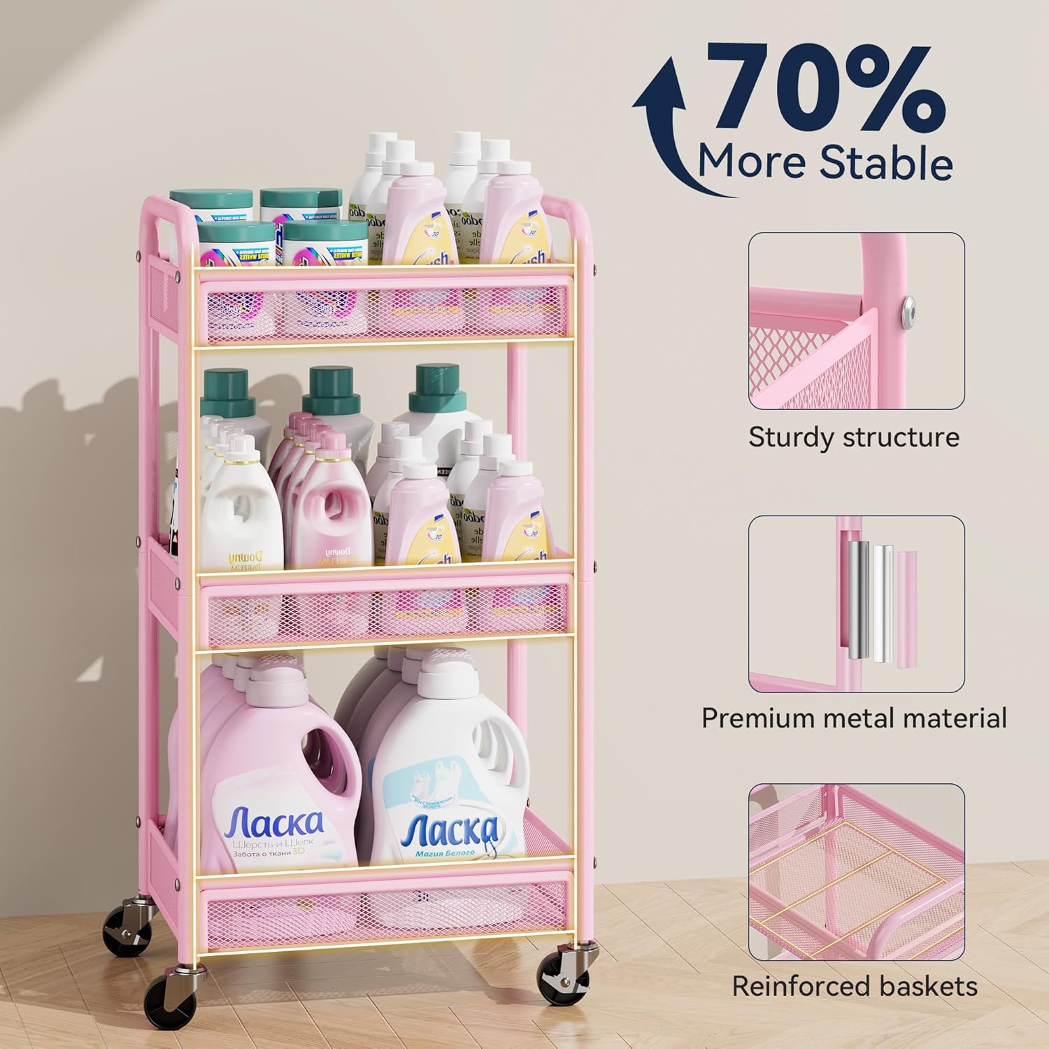 YASONIC 3 Tier Rolling Cart – Metal Utility Storage Cart with Wheels, Craft Cart Organizer with Hanging Cups, Hooks, Mesh Basket for Bedside Kitchen Office Art, Pink