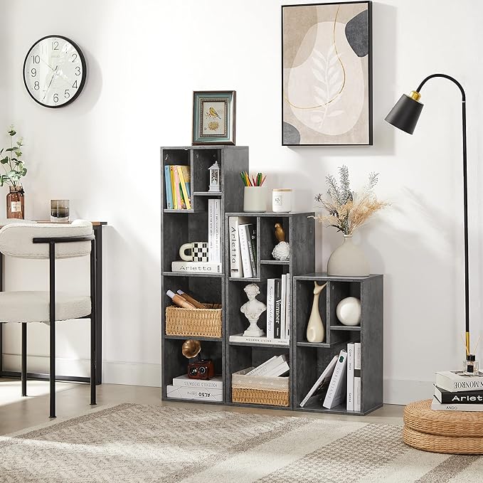 VECELO 3-Cube Open Bookcase, Small Bookshelf with Height Difference Shelves for Most Books, Horizontal Available, 2-Tier Storage Organizer for Home Office, Living Room, Grey