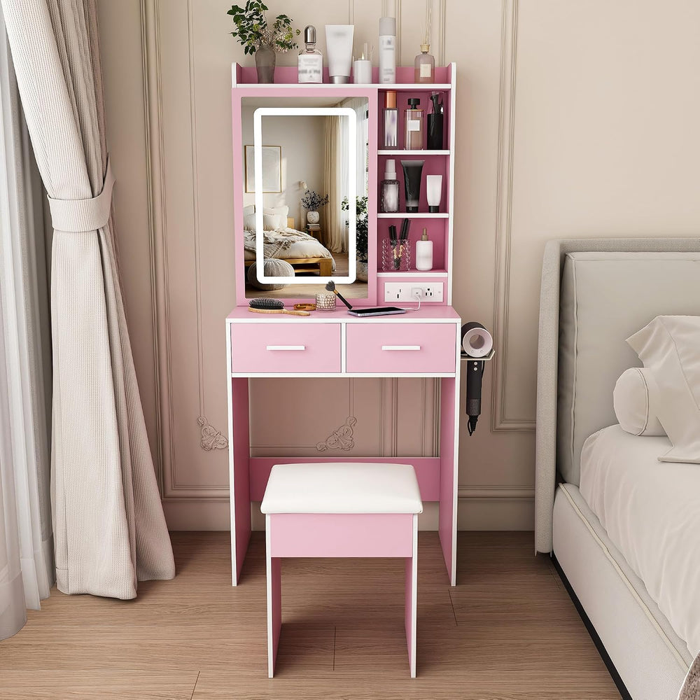Small Vanity Desk Set with Mirror and Adjustable LED Lights, Compact Pink Dre...