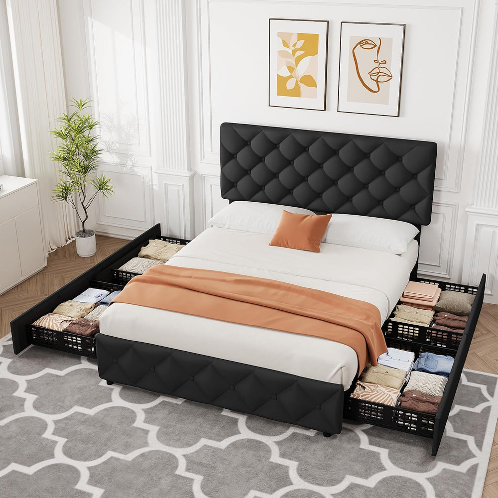 Queen Size Bed Frame with 4 Storage Drawers, Linen Upholstered Platform Bed F...