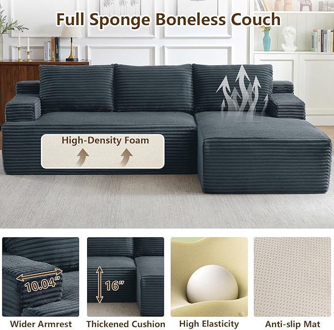 96.1" Modular Sectional Sofa Couches L-Shape Couch 3 Seat Modular Sofa Corduroy Memory Foam Sectional Boneless Couches for Living Room, Cloud Couch with Oversized Chaise(Dark Gray, Right Facing)
