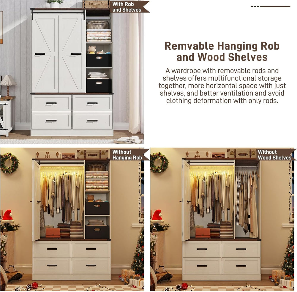 Farmhouse 3 Doors Armoire Wardrobe Closet w/Folding Sliding Barn Door and Lig...
