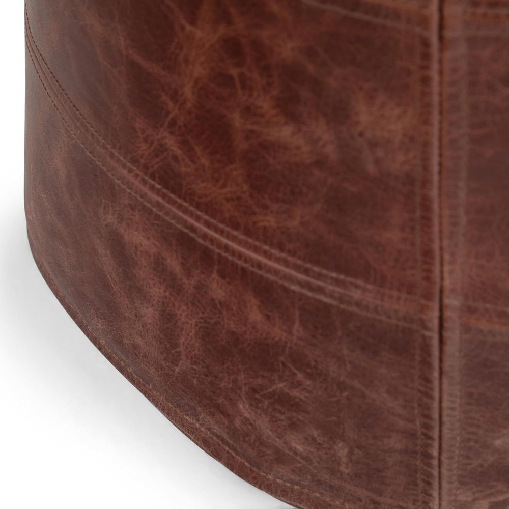 SIMPLIHOME Connor 18" Wide Round Pouf in Distressed Brown Genuine Leathe...