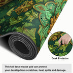 Green Vintage Floral Mouse Pad – Large Extended Desk Mat 31.5 x 11.8 in– Ornate Oriental Carpet Design with Gold & Emerald Motif, Keyboard & Mouse Pad for Office & Home