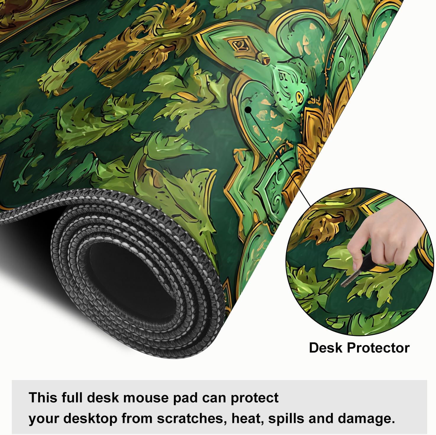 Green Vintage Floral Mouse Pad – Large Extended Desk Mat 31.5 x 11.8 in– Ornate Oriental Carpet Design with Gold & Emerald Motif, Keyboard & Mouse Pad for Office & Home