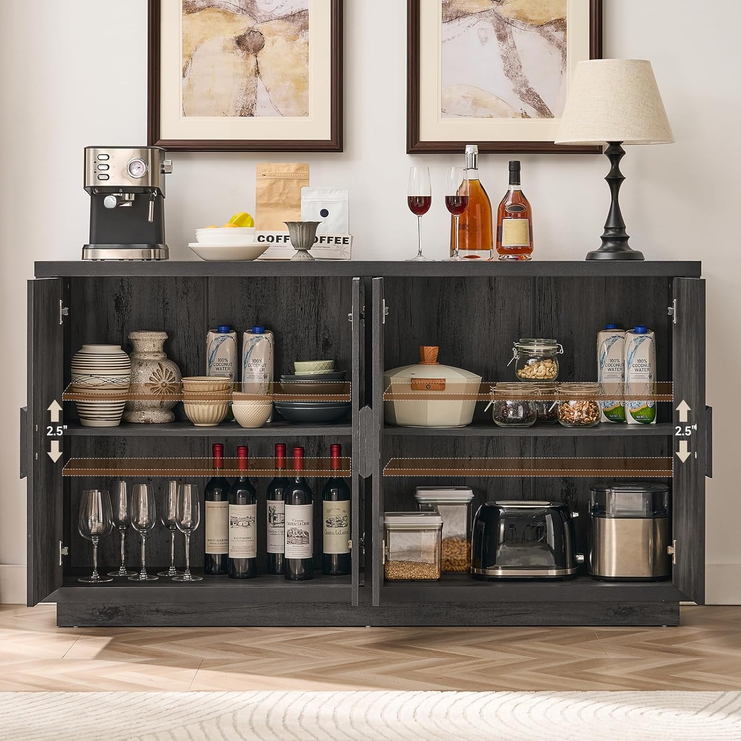 ONBRILL Buffet Cabinet with Storage, 63" Sideboard Cabinet with 4 Doors & Shelves, Wooden Kitchen Coffee Bar Credenza Storage for Living Room, Hallway (63" Wide), Black