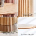 Round Wood Dining Table，Wooden Trestle Pedestal Base on Stainless Steel Plate，Small Space Kitchen Table，34.25" Modern Circular Tabletop for Kitchen, Dining Room, Restaurant，Cafe (Natural)