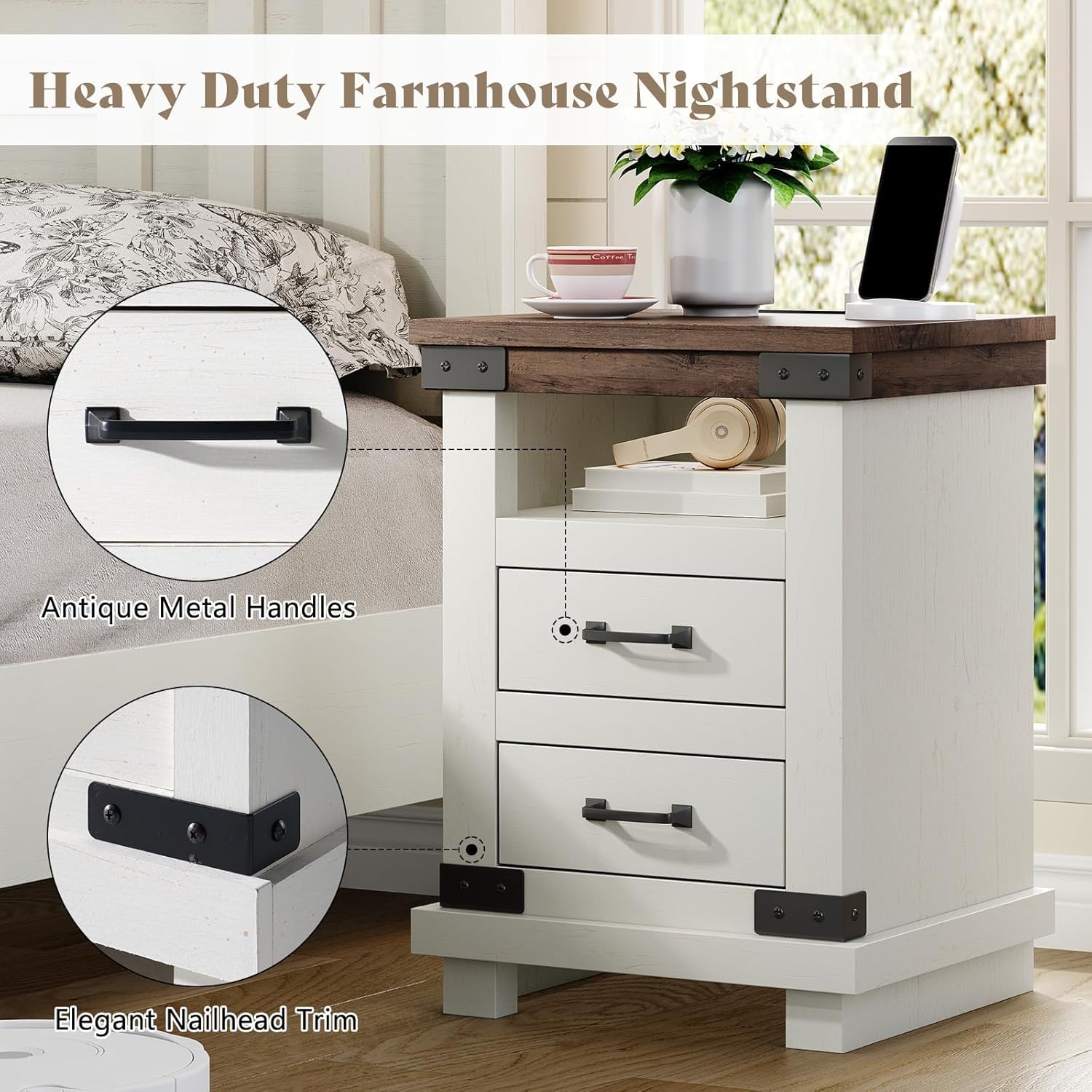 AMERLIFE Farmhouse End Table Set of 2, 18" Wood Nightstands with Charging Station and 2 Drawers, Heavy Duty Bedside Tables for Bedroom or Living Room, Antique White