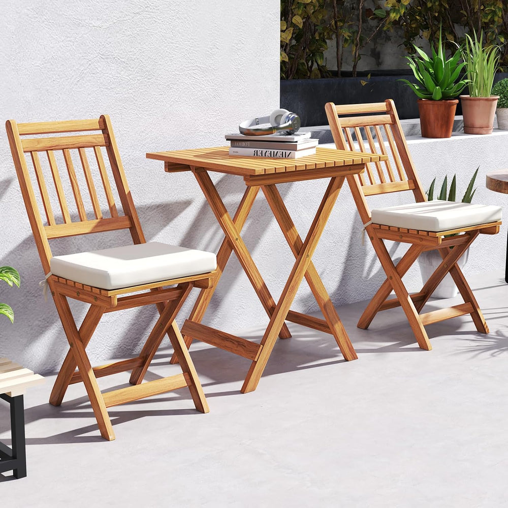 KOTEK Outdoor Folding Bistro Set, 3 Pieces Acacia Wood Bistro Set with Soft C...