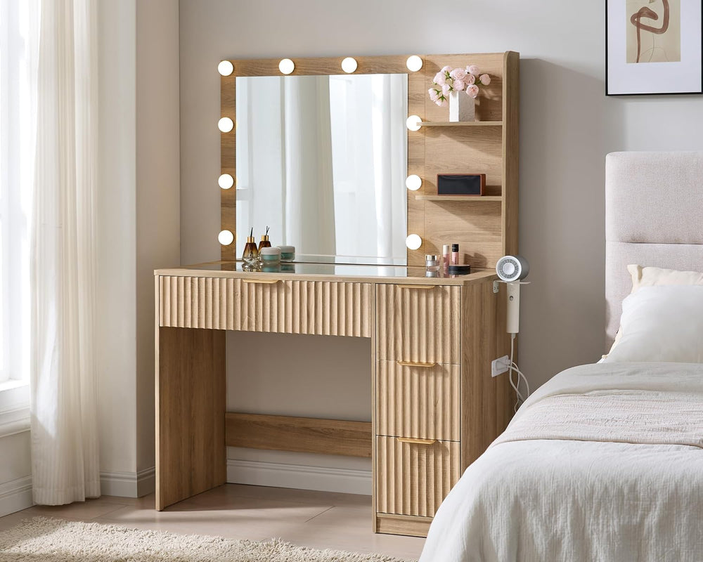 AMERLIFE 36.2" Fluted Vanity Desk with Mirror and Lights, Natural Oak | ...