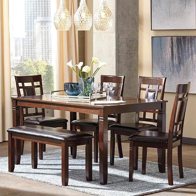 Signature Design by Ashley Bennox Dining Room Table and Chairs with Bench (Set of 6), Brown