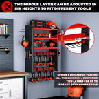 KAFAHOM Power Tool Organizer, Large 8 Drill Holder Wall Mount with 2 Side Pegboards,5 Layer Heavy Duty Metal Tool Storage Rack, Tool Shelf for Garage Organization, Utility Battery Shelves - Red