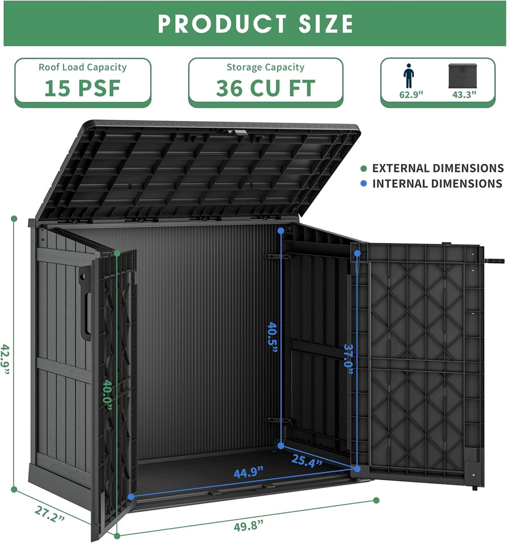 36 Cu Ft Resin Outdoor Storage Shed, Weatherproof Horizontal Outdoor Storage Cabinet with Dual Lock Door for Backyard, Patio, Garage, Garden(Black)
