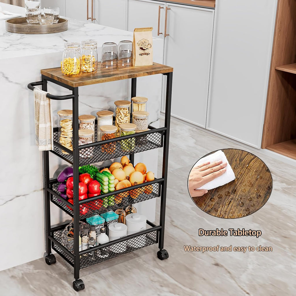 AZERPIAN Slim Rolling Cart 4 Tier Narrow Storage Cart on Wheels with MDF Board Top and Metal Handle for Small Space Kitchen Living Room Bathroom Laundry Room (16.38 x 9.06 x 30.31inch)