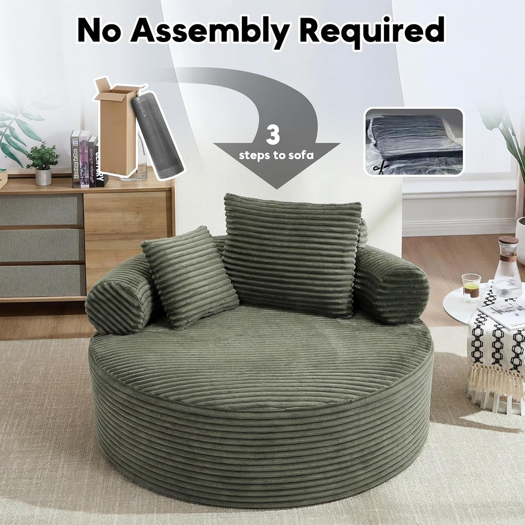 Oversized Round Chair Lounge Chaise Indoor, 55.5" Upholstered Corduroy Deep Seat Single Cloud Sofa Chair, Fluffy Modern Large Circle Boneless Sleeper Sofa for Living Room, Bedroom, Green