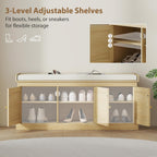 HOMCOM Shoe Bench Storage Rattan Doors 13.8 x 41.3 x 18.5 Inches Oak Tone | Cushion Seat, Adjustable Shelves for 9 Pairs, Boho Style, Bedroom, Living Room